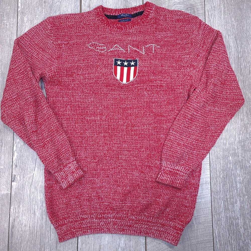 Gant Sweater Mens XL Red Manor Cord Fitted Logo Shield Patch Knit Pullover